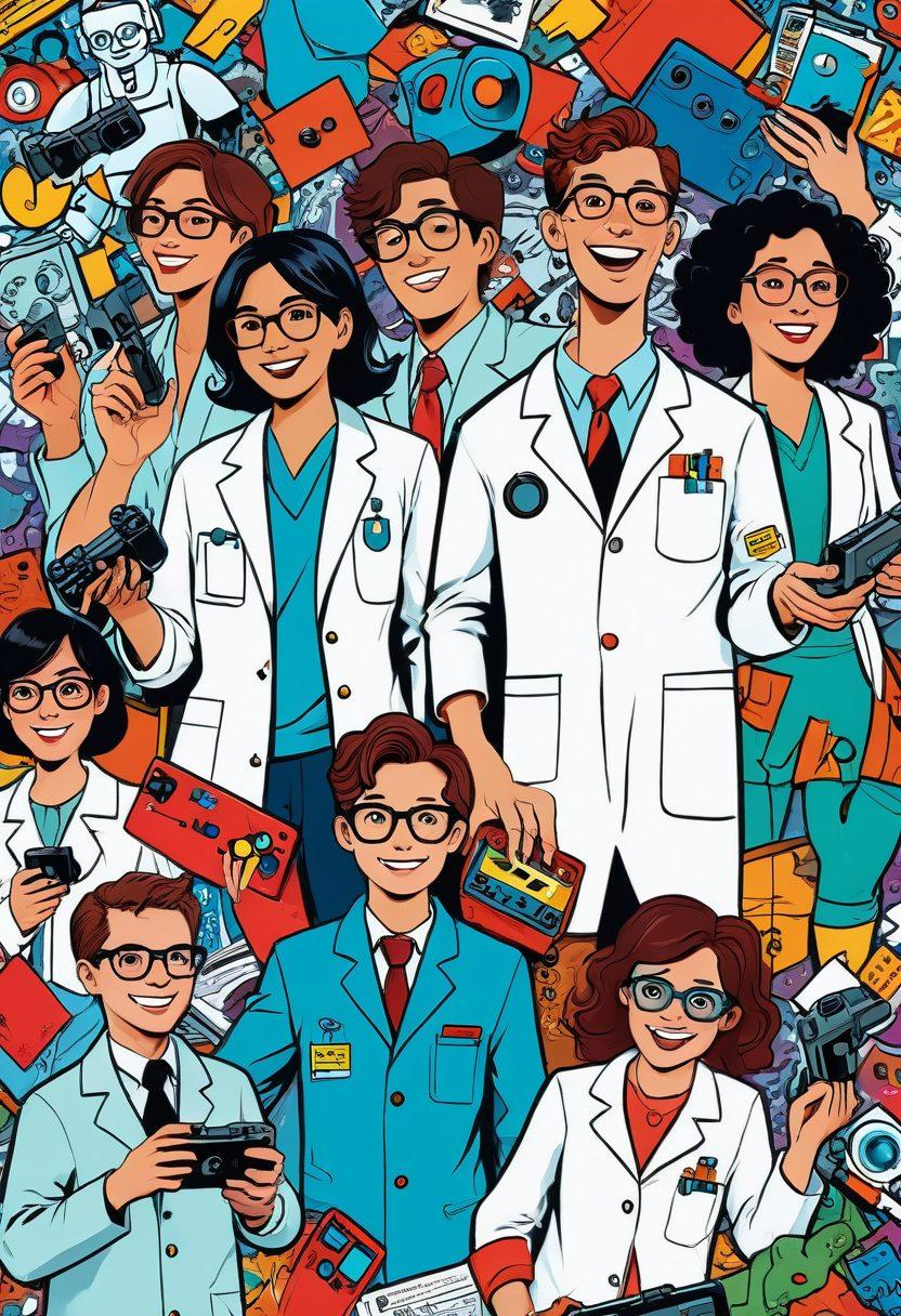 A whimsical and colorful illustration featuring a diverse group of nerdy characters, including a girl with glasses holding a comic book, a boy with a video game controller, and an older gentleman in a lab coat, all laughing together. Surround them with quirky elements like pixelated icons, cartoonish robots, and speech bubbles filled with humorous jokes. The background should be a playful blend of bright colors and nerdy motifs, evoking a joyful atmosphere. cartoon style. vibrant colors. white background.