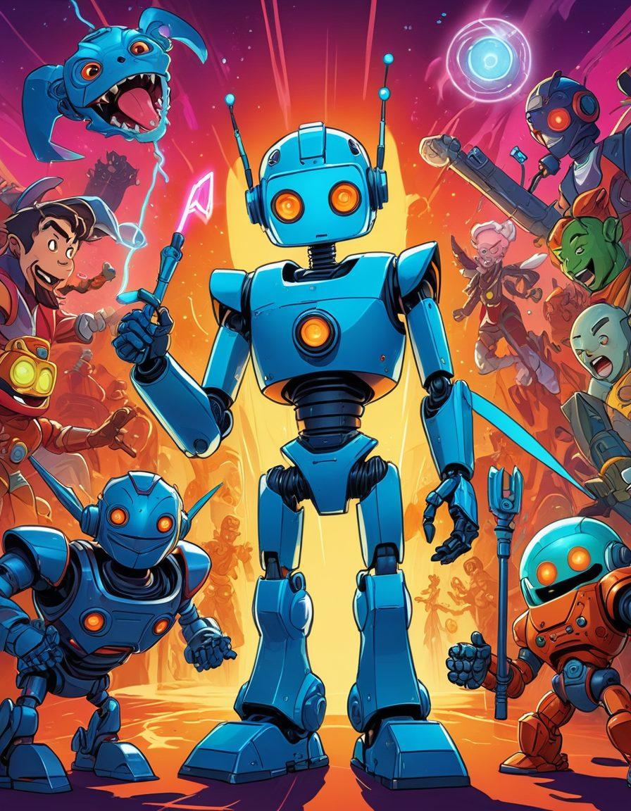 A whimsical scene featuring a group of cartoonish, quirky characters each telling jokes in exaggerated poses. Incorporate elements of geek culture like sci-fi gadgets, fantasy creatures, and gaming accessories scattered around. The background should include colorful comic panels with punchlines and laughter effects. Include an array of fun and vibrant colors that reflect a playful vibe. cartoon style. bright colors. comic book aesthetics.